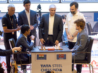 Chess players Rameshbabu Praggnanandhaa of India and Magnus Carlsen of Norway, a five-time World Chess Champion, compete on the first day of...