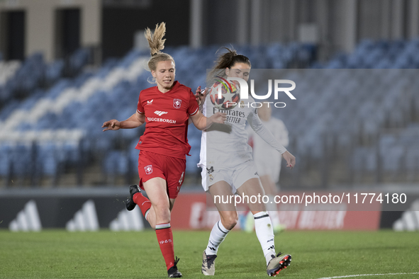 Signe Bruun of Real Madrid Women and Lieske Carleer of FC Twente fight for the ball during the UEFA Women's Champions League match between R...