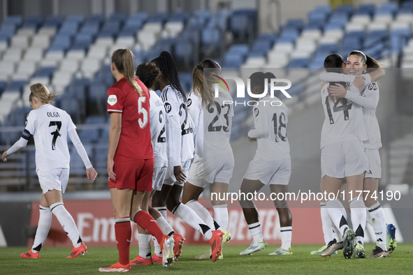 In Madrid, Spain, on November 13, Maria Mendez and Signe Bruun of Real Madrid women celebrate a goal during the UEFA Women's Champions Leagu...