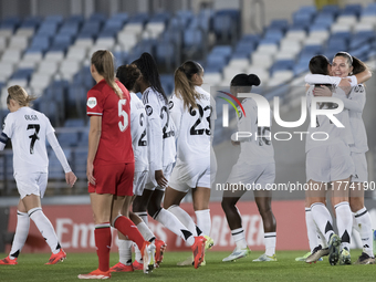 In Madrid, Spain, on November 13, Maria Mendez and Signe Bruun of Real Madrid women celebrate a goal during the UEFA Women's Champions Leagu...