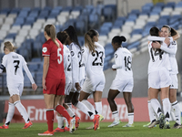 In Madrid, Spain, on November 13, Maria Mendez and Signe Bruun of Real Madrid women celebrate a goal during the UEFA Women's Champions Leagu...