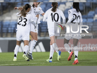 Several players of Real Madrid celebrate a goal during the UEFA Women's Champions League match between Real Madrid and FC Twente at Alfredo...