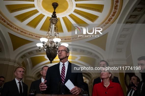 Senator John Thune (R-SD), the newly elected Senate Republican Leader, participates in the Republican leadership's weekly press conference a...