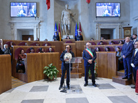 Italian singer-songwriter Antonello Venditti and Mayor of Rome Roberto Gualtieri attend the Capitoline Wolf award ceremony inside the Giulio...