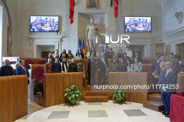 Italian singer-songwriter Antonello Venditti and Mayor of Rome Roberto Gualtieri attend the Capitoline Wolf award ceremony inside the Giulio...