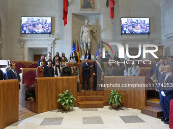 Italian singer-songwriter Antonello Venditti and Mayor of Rome Roberto Gualtieri attend the Capitoline Wolf award ceremony inside the Giulio...