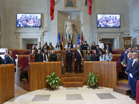 Italian singer-songwriter Antonello Venditti and Mayor of Rome Roberto Gualtieri attend the Capitoline Wolf award ceremony inside the Giulio...