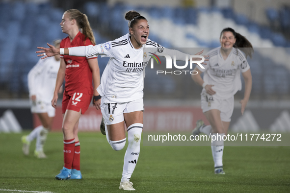 Carla Camacho of Real Madrid women celebrates a goal during the UEFA Women's Champions League match between Real Madrid and FC Twente at Alf...