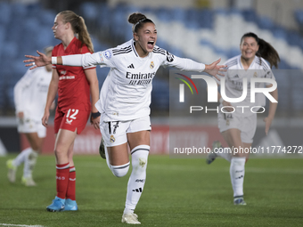 Carla Camacho of Real Madrid women celebrates a goal during the UEFA Women's Champions League match between Real Madrid and FC Twente at Alf...