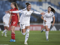 Carla Camacho of Real Madrid women celebrates a goal during the UEFA Women's Champions League match between Real Madrid and FC Twente at Alf...