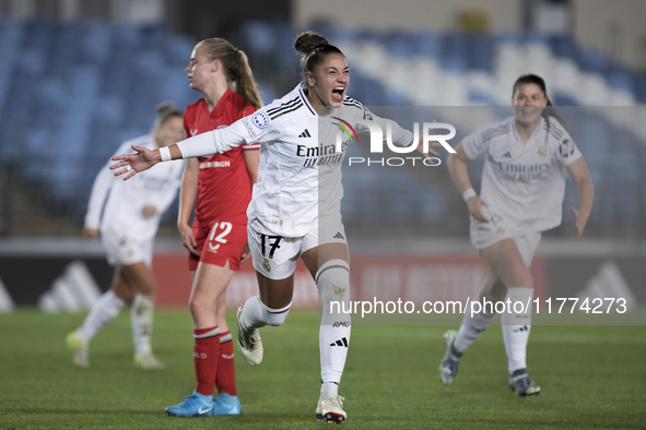 Carla Camacho of Real Madrid women celebrates a goal during the UEFA Women's Champions League match between Real Madrid and FC Twente at Alf...