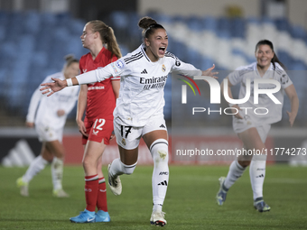 Carla Camacho of Real Madrid women celebrates a goal during the UEFA Women's Champions League match between Real Madrid and FC Twente at Alf...