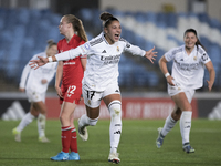 Carla Camacho of Real Madrid women celebrates a goal during the UEFA Women's Champions League match between Real Madrid and FC Twente at Alf...