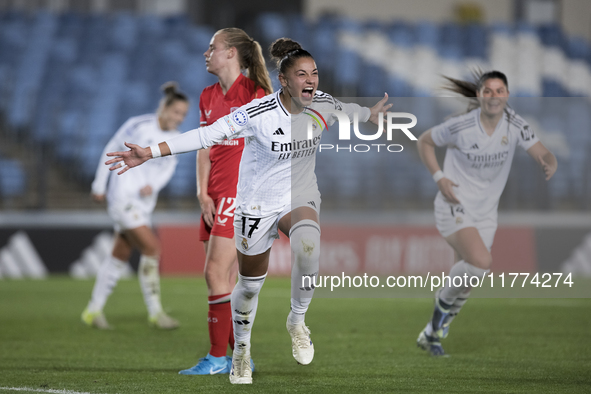 Carla Camacho of Real Madrid women celebrates a goal during the UEFA Women's Champions League match between Real Madrid and FC Twente at Alf...