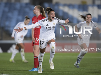 Carla Camacho of Real Madrid women celebrates a goal during the UEFA Women's Champions League match between Real Madrid and FC Twente at Alf...