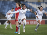 Carla Camacho of Real Madrid women celebrates a goal during the UEFA Women's Champions League match between Real Madrid and FC Twente at Alf...