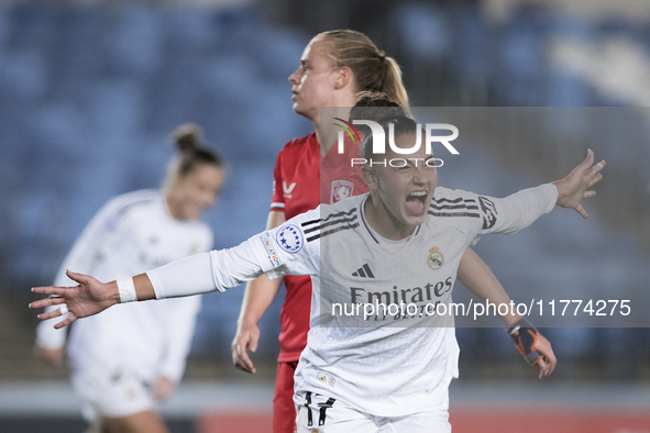 Carla Camacho of Real Madrid women celebrates a goal during the UEFA Women's Champions League match between Real Madrid and FC Twente at Alf...