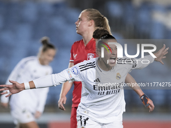 Carla Camacho of Real Madrid women celebrates a goal during the UEFA Women's Champions League match between Real Madrid and FC Twente at Alf...