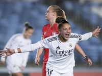 Carla Camacho of Real Madrid women celebrates a goal during the UEFA Women's Champions League match between Real Madrid and FC Twente at Alf...