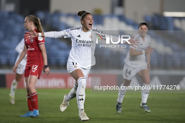 Carla Camacho of Real Madrid women celebrates a goal during the UEFA Women's Champions League match between Real Madrid and FC Twente at Alf...