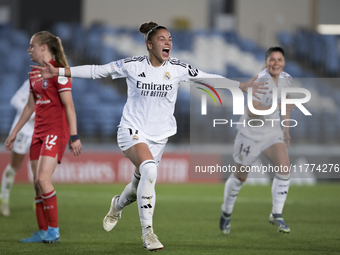 Carla Camacho of Real Madrid women celebrates a goal during the UEFA Women's Champions League match between Real Madrid and FC Twente at Alf...