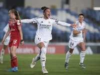 Carla Camacho of Real Madrid women celebrates a goal during the UEFA Women's Champions League match between Real Madrid and FC Twente at Alf...