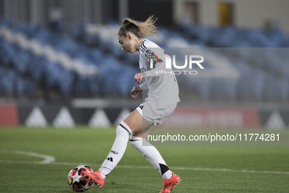 Olga Carmona of Real Madrid women plays during the UEFA Women's Champions League match between Real Madrid and FC Twente at Alfredo Di Stefa...