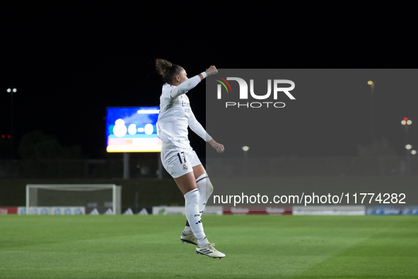 Carla Camacho of Real Madrid women celebrates a goal during the UEFA Women's Champions League match between Real Madrid and FC Twente at Alf...