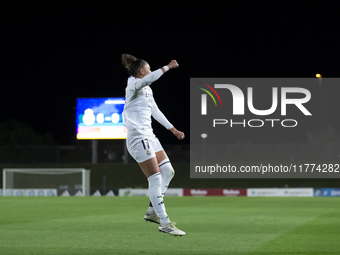 Carla Camacho of Real Madrid women celebrates a goal during the UEFA Women's Champions League match between Real Madrid and FC Twente at Alf...