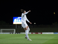 Carla Camacho of Real Madrid women celebrates a goal during the UEFA Women's Champions League match between Real Madrid and FC Twente at Alf...