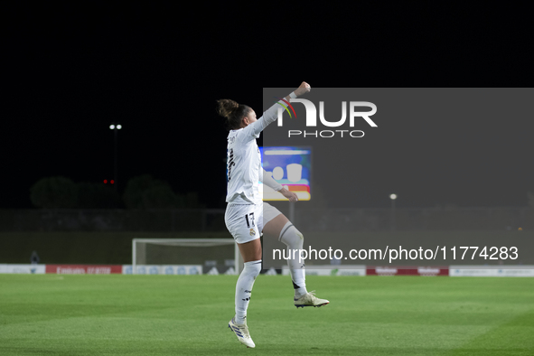 Carla Camacho of Real Madrid women celebrates a goal during the UEFA Women's Champions League match between Real Madrid and FC Twente at Alf...