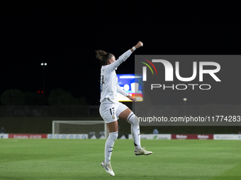 Carla Camacho of Real Madrid women celebrates a goal during the UEFA Women's Champions League match between Real Madrid and FC Twente at Alf...