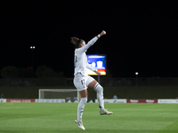 Carla Camacho of Real Madrid women celebrates a goal during the UEFA Women's Champions League match between Real Madrid and FC Twente at Alf...