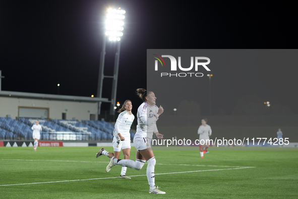 Carla Camacho of Real Madrid women celebrates a goal during the UEFA Women's Champions League match between Real Madrid and FC Twente at Alf...