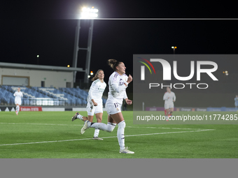 Carla Camacho of Real Madrid women celebrates a goal during the UEFA Women's Champions League match between Real Madrid and FC Twente at Alf...