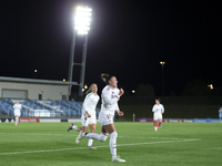 Carla Camacho of Real Madrid women celebrates a goal during the UEFA Women's Champions League match between Real Madrid and FC Twente at Alf...