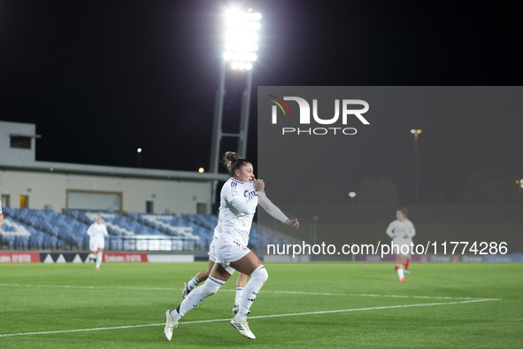 Carla Camacho of Real Madrid women celebrates a goal during the UEFA Women's Champions League match between Real Madrid and FC Twente at Alf...