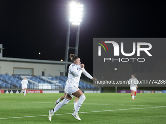 Carla Camacho of Real Madrid women celebrates a goal during the UEFA Women's Champions League match between Real Madrid and FC Twente at Alf...