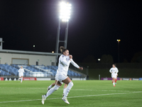 Carla Camacho of Real Madrid women celebrates a goal during the UEFA Women's Champions League match between Real Madrid and FC Twente at Alf...