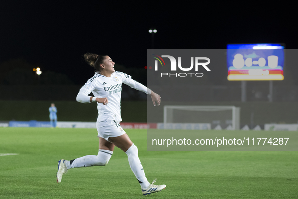 Carla Camacho of Real Madrid women celebrates a goal during the UEFA Women's Champions League match between Real Madrid and FC Twente at Alf...