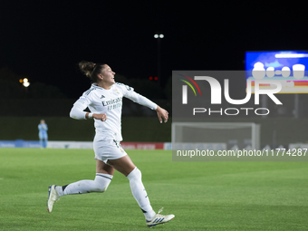 Carla Camacho of Real Madrid women celebrates a goal during the UEFA Women's Champions League match between Real Madrid and FC Twente at Alf...