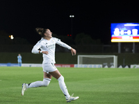 Carla Camacho of Real Madrid women celebrates a goal during the UEFA Women's Champions League match between Real Madrid and FC Twente at Alf...