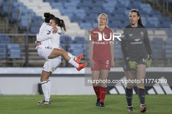 Oihane Hernandez of Real Madrid women and Signe Bruun of Real Madrid women celebrate a goal during the UEFA Women's Champions League match b...