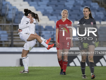 Oihane Hernandez of Real Madrid women and Signe Bruun of Real Madrid women celebrate a goal during the UEFA Women's Champions League match b...