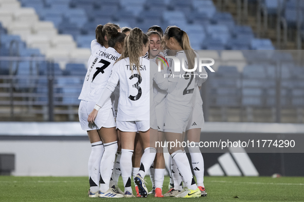 In Madrid, Spain, on November 13, several players of Real Madrid celebrate a goal during the UEFA Women's Champions League match between Rea...