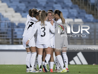 In Madrid, Spain, on November 13, several players of Real Madrid celebrate a goal during the UEFA Women's Champions League match between Rea...