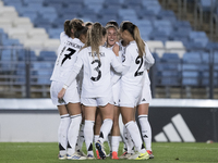 In Madrid, Spain, on November 13, several players of Real Madrid celebrate a goal during the UEFA Women's Champions League match between Rea...