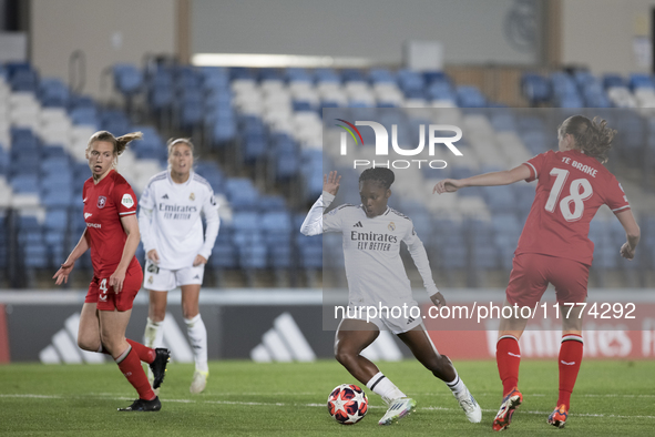 Linda Caicedo of Real Madrid women is in action during the UEFA Women's Champions League match between Real Madrid and FC Twente at Alfredo...