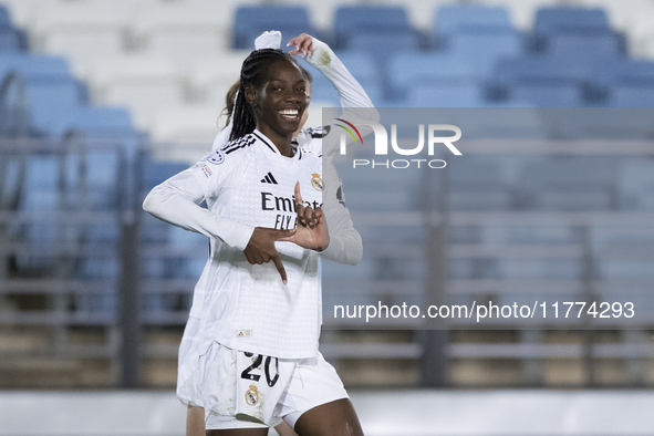 Naomie Feller of Real Madrid women celebrates a goal during the UEFA Women's Champions League match between Real Madrid and FC Twente at Alf...