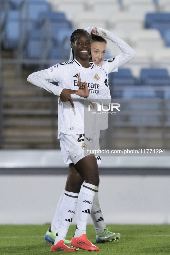 Naomie Feller of Real Madrid women celebrates a goal during the UEFA Women's Champions League match between Real Madrid and FC Twente at Alf...